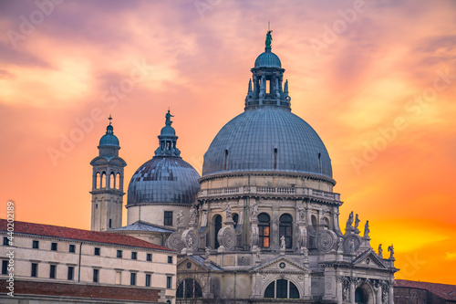 Dome of Santa Maria della Salute cathedral at sunrise in Venice, Italy