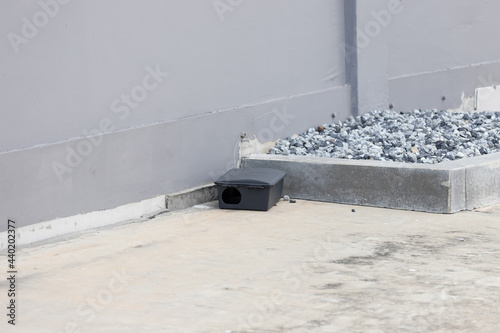 A black plastic rat trap on concrete floor. bait poison box for rat.