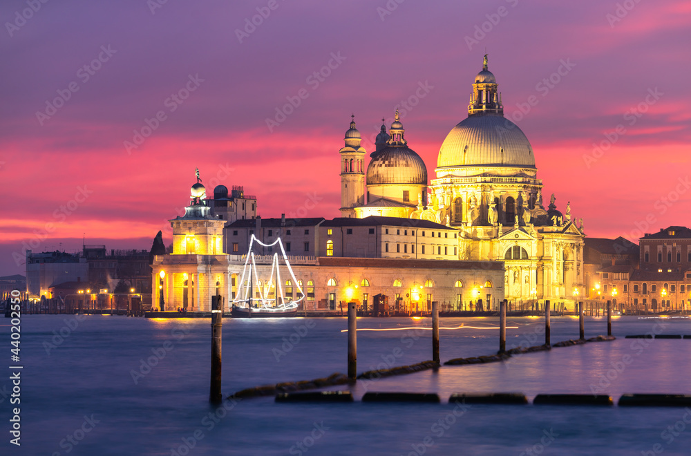 Santa Maria della Salute cathedral at sunset in Venice. Italy