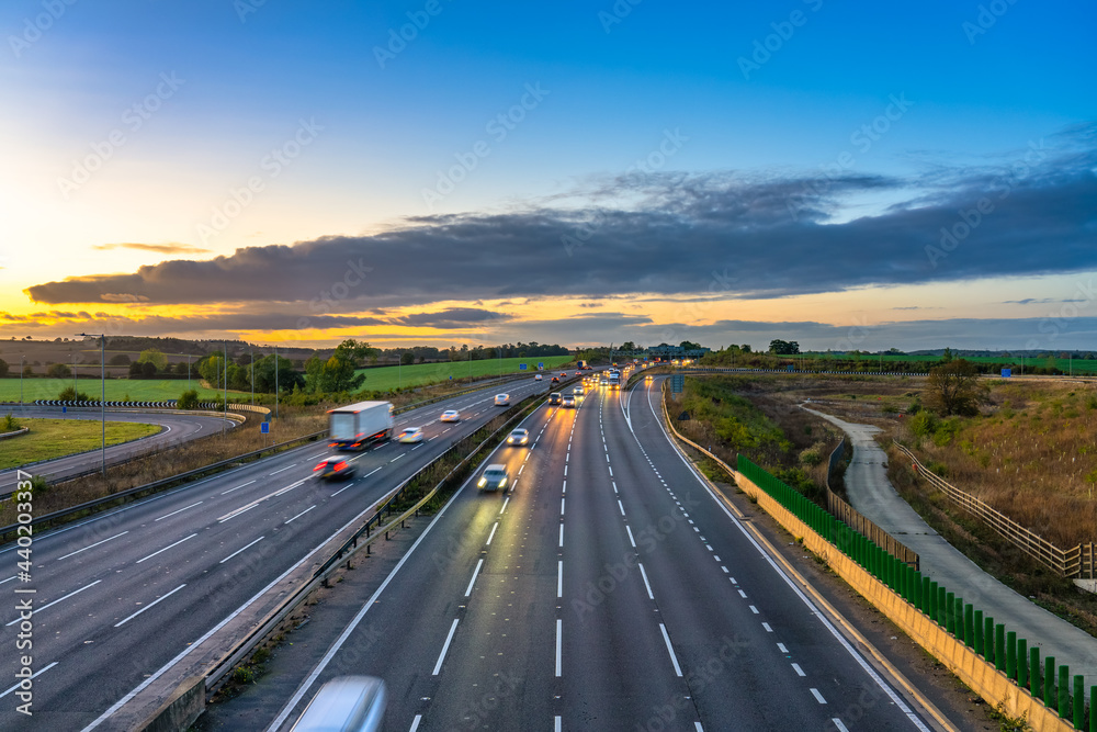 M1 motorway at sunset in England