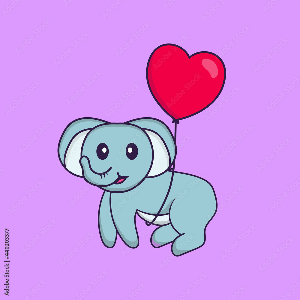 Cute elephant flying with love shaped balloons. Animal cartoon concept isolated. Can used for t-shirt, greeting card, invitation card or mascot. Flat Cartoon Style Cute elephant flying with love shaped balloons. Animal cartoon concept isolated. Can used for t-shirt, greeting card, invitation card or mascot. Flat Cartoon Style