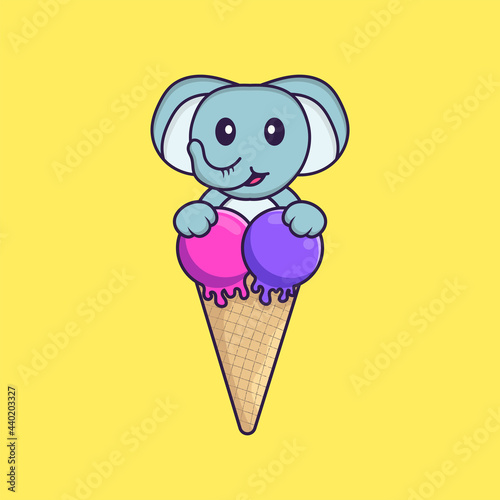 Cute elephant with sweet ice cream. Animal cartoon concept isolated. Can used for t-shirt, greeting card, invitation card or mascot. Flat Cartoon Style