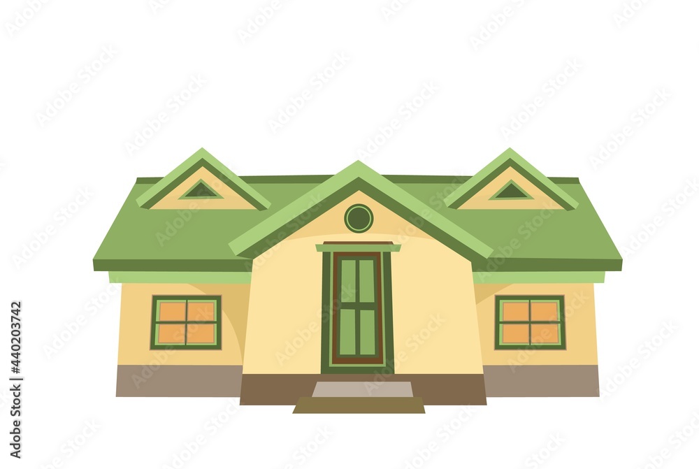 The house is cartoon. Cozy simple rural dwelling in a traditional European style. Cute yellow home. Isolated on white background. Vector The house is cartoon. Cozy simple rural dwelling in a traditional European style. Cute yellow home. Isolated on white background. Vector
