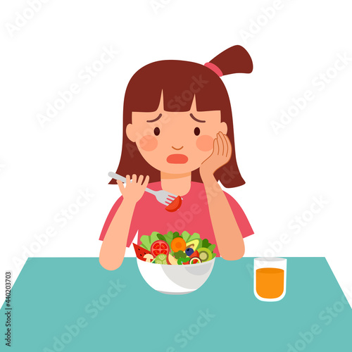 Girl bored with food. Child does not want to eat vegetables concept vector illustration on white background.