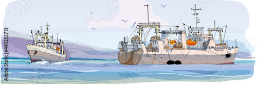 Two fishing boats in a bay. Hand drawn colored sketch illustration.