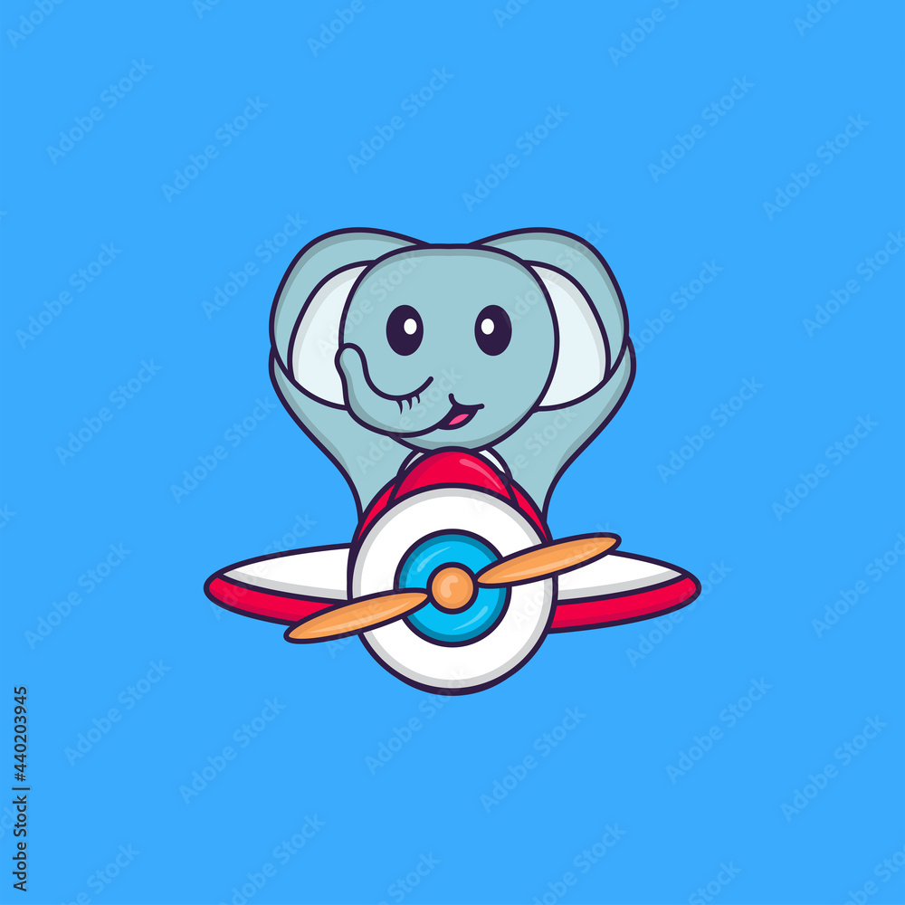 Cute elephant flying on a plane. Animal cartoon concept isolated. Can used for t-shirt, greeting card, invitation card or mascot. Flat Cartoon Style Cute elephant flying on a plane. Animal cartoon concept isolated. Can used for t-shirt, greeting card, invitation card or mascot. Flat Cartoon Style