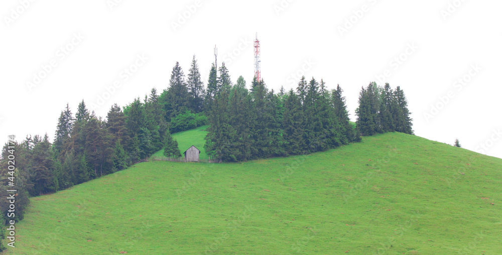 green hill with forest and signal antenna on the top