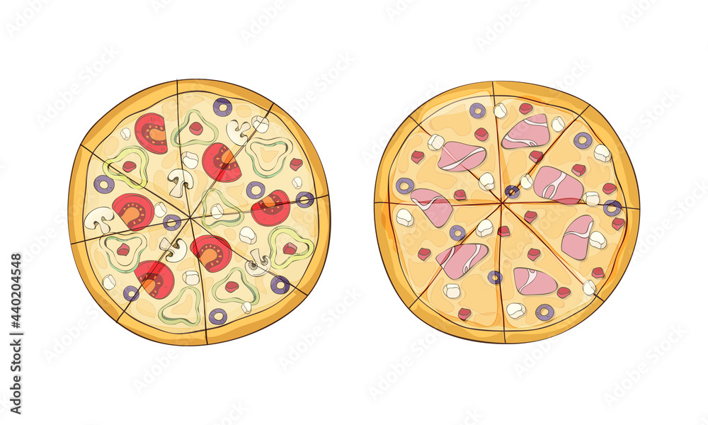 Traditional Italian Pizza of Round Shape with Bacon and Mushrooms Above View Vector Set