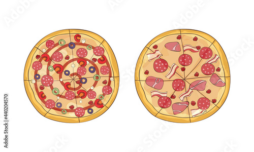 Traditional Italian Pizza of Round Shape with Salami and Tomato Above View Vector Set