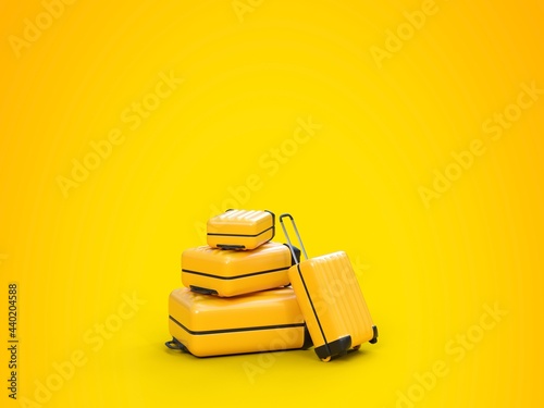 Plusieurs valises pour partir en vacances - Fond jaune - Rendu 3D