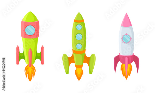 Bright Space Rocket Launching or Starting Up Vector Set