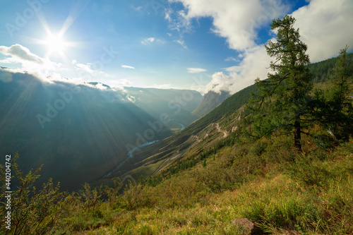 Sunrise over the Katu-Yaryk pass and the Chulyshman River valley. Altai Republic, Siberia. Russia