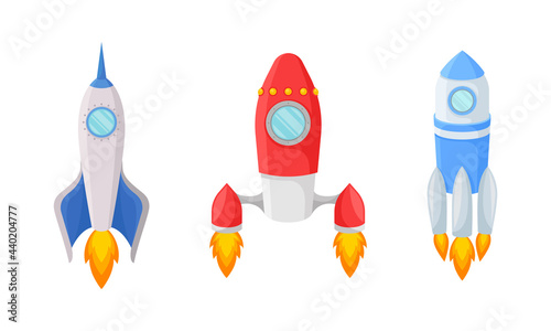Bright Space Rocket Launching or Starting Up Vector Set
