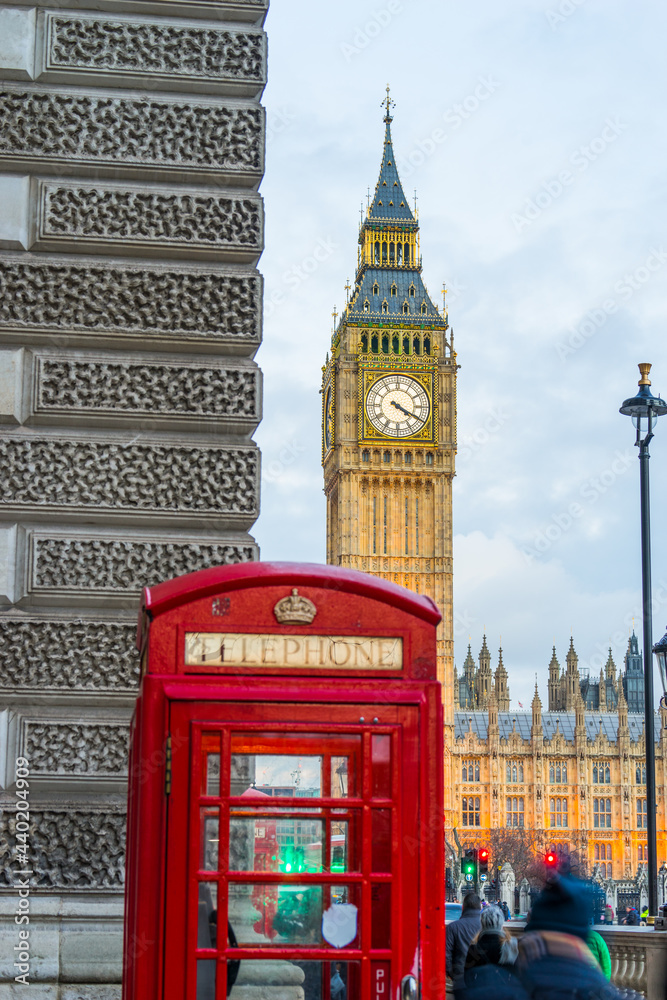 Big Ben clock vertical view from parliament square street in London. England