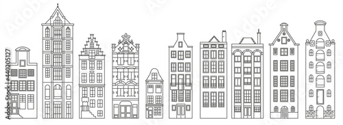 A set of old European houses. Architecture of the Netherlands. Vector outline illustration.