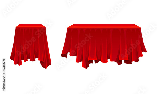Red Silk Cloth or Smooth Fabric Covering Different Objects Vector Set