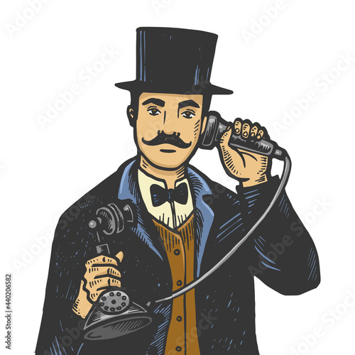 Gentleman with old fashioned phone line art sketch engraving vector illustration. T-shirt apparel print design. Scratch board imitation. Black and white hand drawn image.