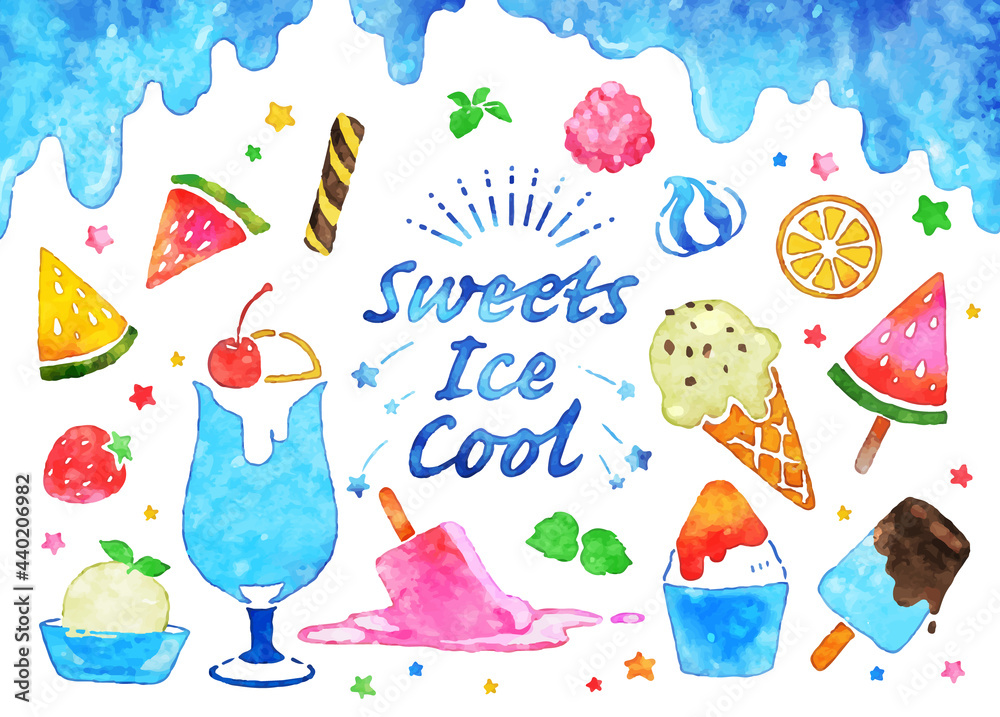 水彩風のアイス 冷たいスイーツ ベクターイラストセット Stock ベクター Adobe Stock