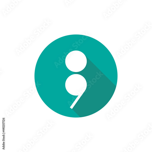 white semicolon in blue circle with shadow isolated on white. Flat punctuation icon. photo