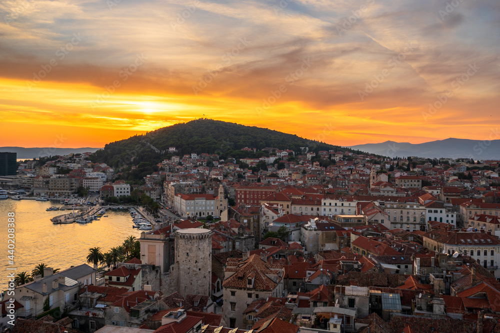 Aerial view of Split old town at sunset, Dalmatia, Croatia
