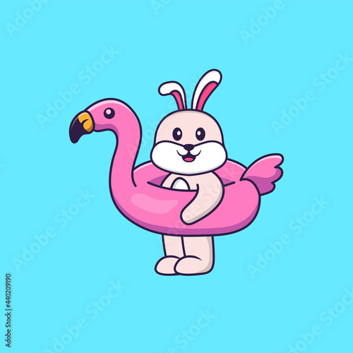Cute rabbit With flamingo buoy. Animal cartoon concept isolated. Can used for t-shirt, greeting card, invitation card or mascot. Flat Cartoon Style