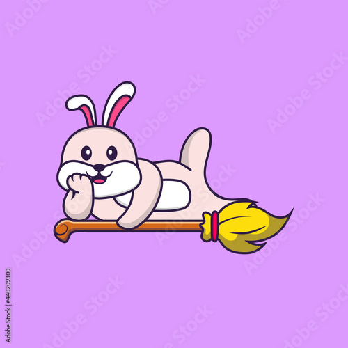 Cute rabbit lying on Magic Broom. Animal cartoon concept isolated. Can used for t-shirt, greeting card, invitation card or mascot. Flat Cartoon Style