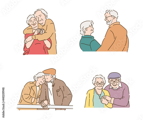 Elderly couples are lovingly spending time together. hand drawn style vector design illustrations.
