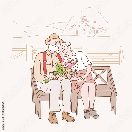 An elderly couple sits on a bench affectionately with each other. hand drawn style vector design illustrations.