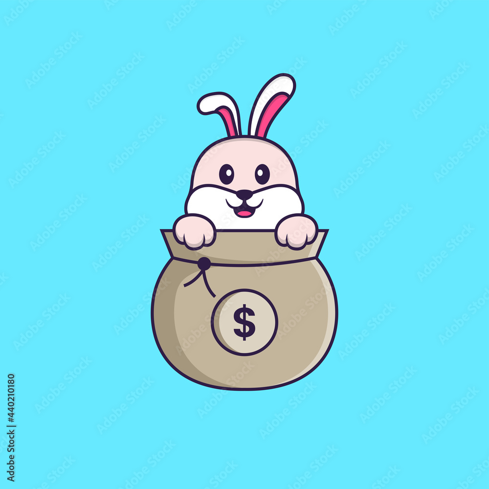 Cute rabbit playing in money bag. Animal cartoon concept isolated. Can used for t-shirt, greeting card, invitation card or mascot. Flat Cartoon Style Cute rabbit playing in money bag. Animal cartoon concept isolated. Can used for t-shirt, greeting card, invitation card or mascot. Flat Cartoon Style