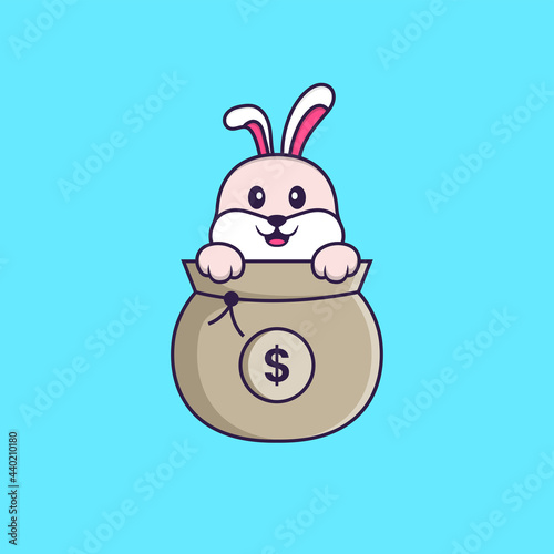 Cute rabbit playing in money bag. Animal cartoon concept isolated. Can used for t-shirt, greeting card, invitation card or mascot. Flat Cartoon Style