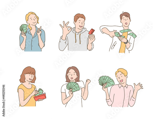 Happy people with lots of money in their hands.  hand drawn style vector design illustrations.