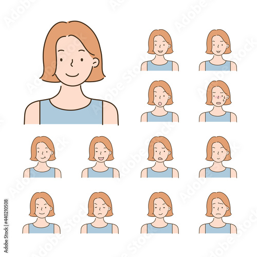 Collection of icons of various facial expressions of women. hand drawn style vector design illustrations.