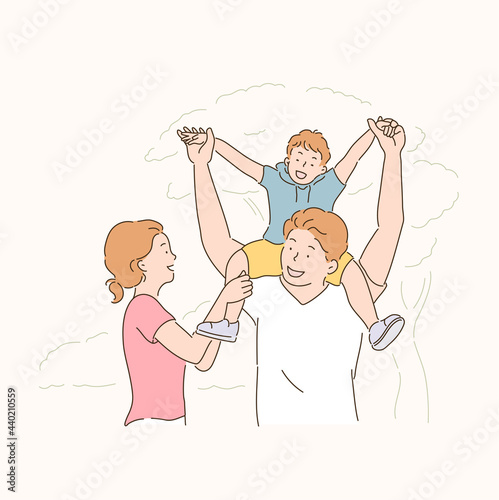 Dad, mom and child are having a good time. hand drawn style vector design illustrations.