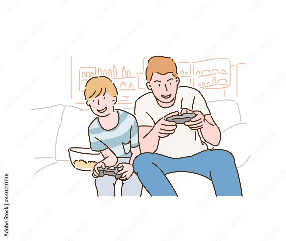 Dad and son are playing video games together. hand drawn style vector design illustrations. Dad and son are playing video games together. hand drawn style vector design illustrations.