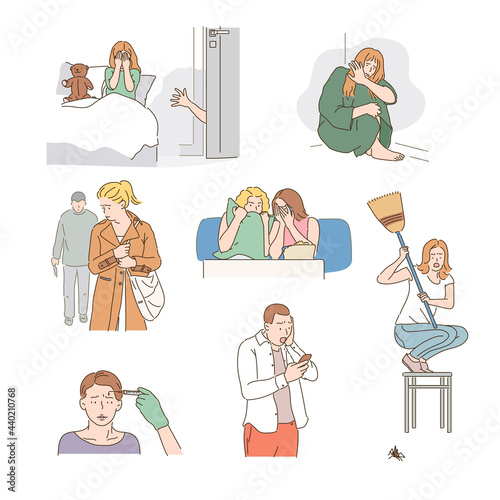 Various objects of fear that humans have. hand drawn style vector design illustrations.