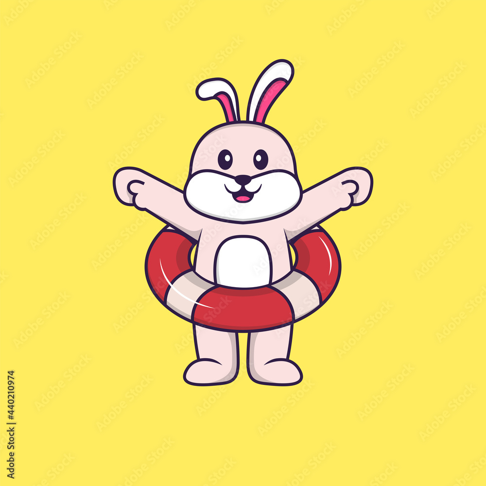 Cute rabbit using a float. Animal cartoon concept isolated. Can used for t-shirt, greeting card, invitation card or mascot. Flat Cartoon Style Cute rabbit using a float. Animal cartoon concept isolated. Can used for t-shirt, greeting card, invitation card or mascot. Flat Cartoon Style