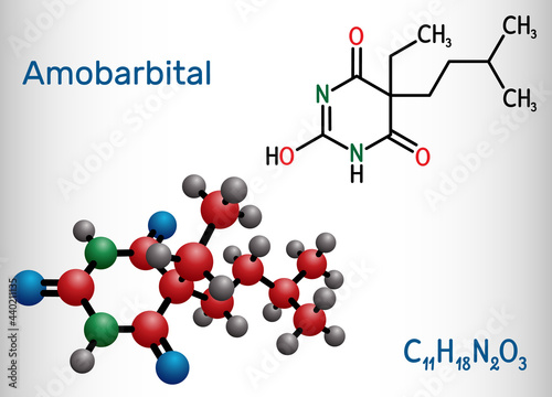 Amobarbital, amylobarbitone, sodium amytal drug molecule. It is barbiturate derivative with hypnotic and sedative properties. Structural chemical formula and molecule model