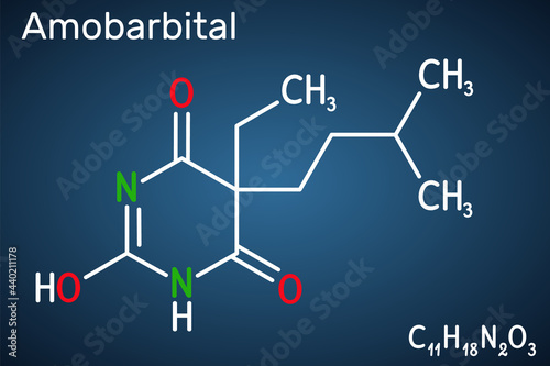 Amobarbital, amylobarbitone, sodium amytal drug molecule. It is barbiturate derivative with hypnotic and sedative properties. Structural chemical formula on the dark blue background