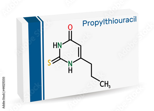 Propylthiouracil, PTU molecule. It is thiourea derivative with antithyroid property, used to treat hyperthyroidism. Skeletal chemical formula. Paper packaging for drugs