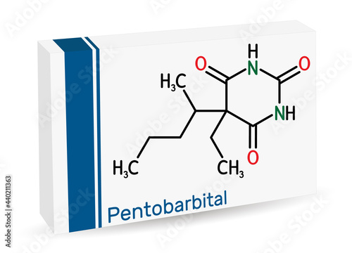 Pentobarbital, pentobarbitone molecule. It is sedative, hypnotic agent. Is used for the treatment of short term insomnia. Paper packaging for drugs