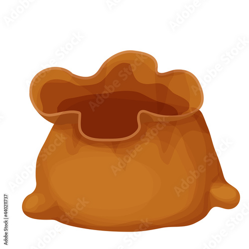 Empty open brown sack, bag in cartoon style isolated on white background. Rural object, element. . Vector illustration