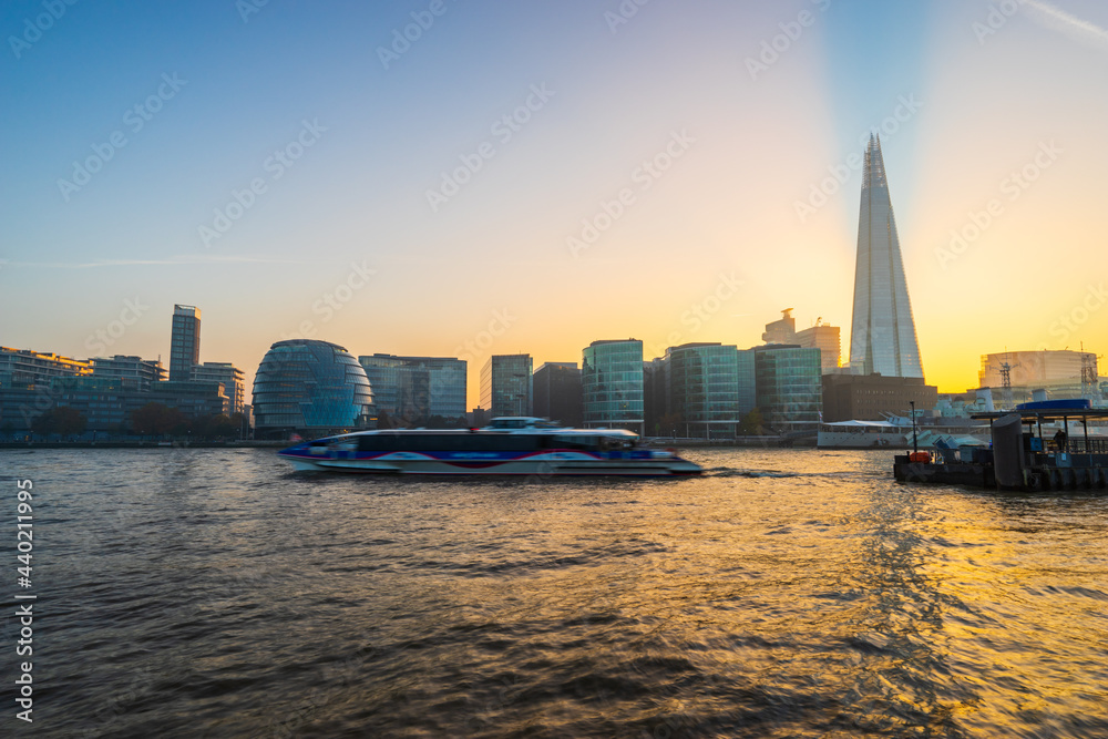 Sunset skyline of south bank of river Thames in London. England 