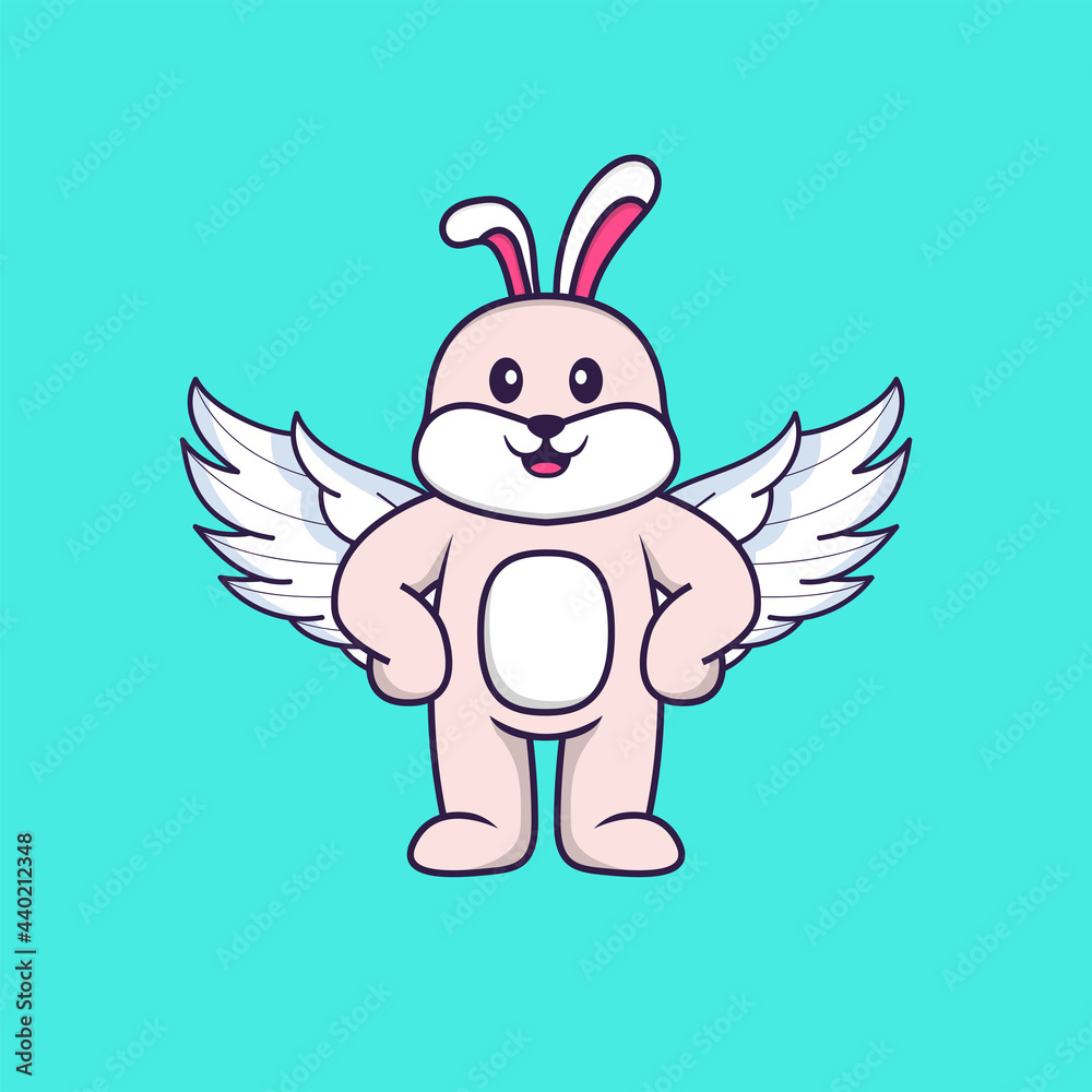 Cute rabbit using wings. Animal cartoon concept isolated. Can used for t-shirt, greeting card, invitation card or mascot. Flat Cartoon Style