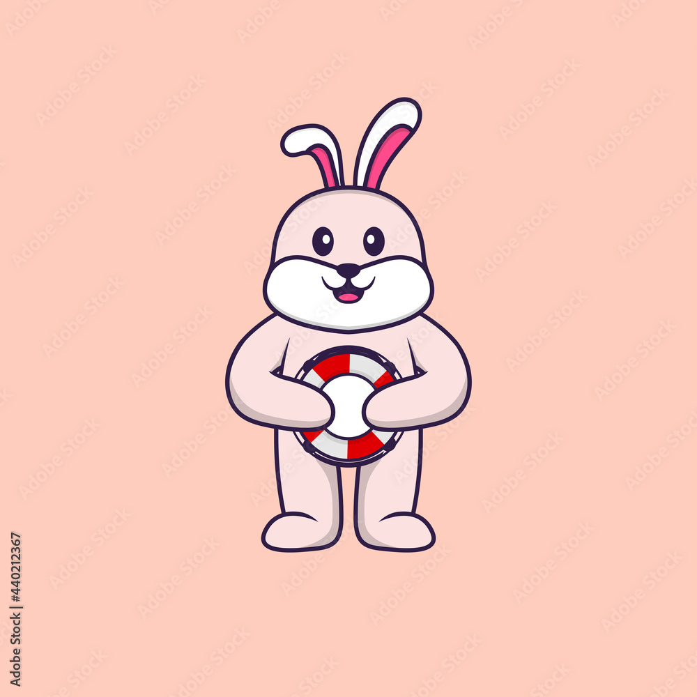 Cute rabbit holding a buoy. Animal cartoon concept isolated. Can used for t-shirt, greeting card, invitation card or mascot. Flat Cartoon Style Cute rabbit holding a buoy. Animal cartoon concept isolated. Can used for t-shirt, greeting card, invitation card or mascot. Flat Cartoon Style