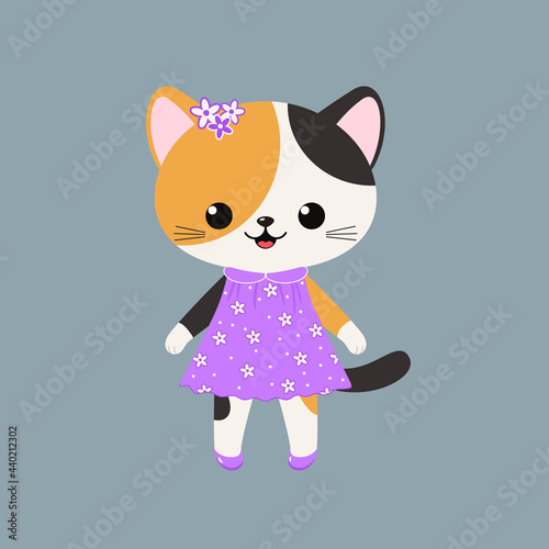 Cute character of tricolor cat girl in dress