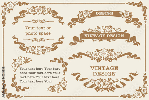 アンティークなお花とリボンの装飾フレーム、飾り罫、オーナメントのベクターセット