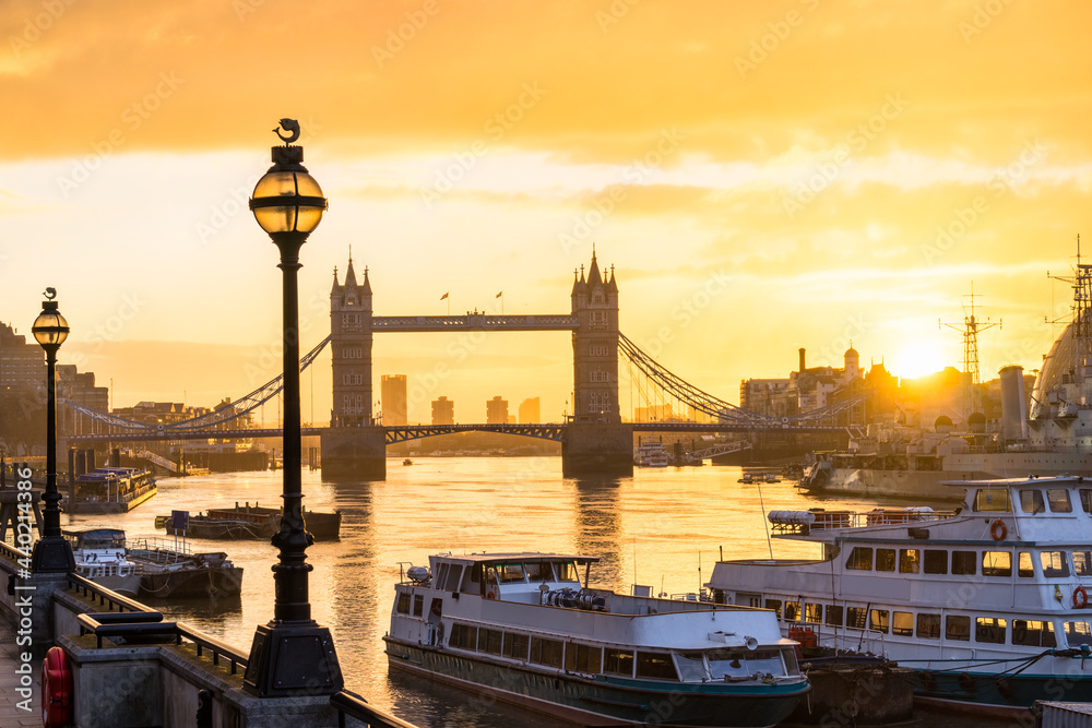 Tower Bridge at sunrise in London. England