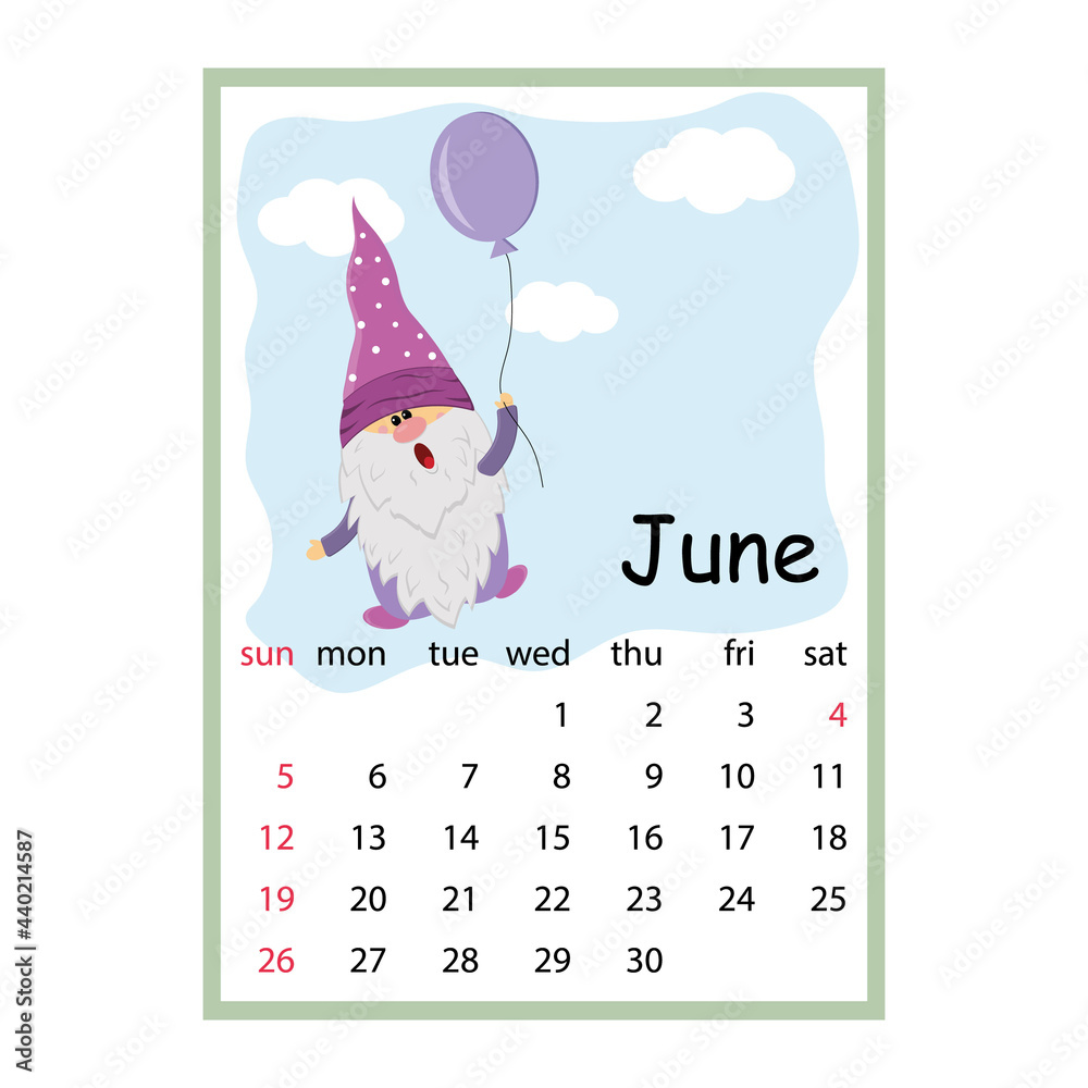 Obraz premium Designer calendar for the year 2022 March, cute gnome character flying in a balloon, cartoon style