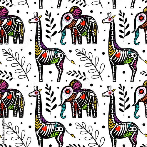 Vector colorful seamless pattern. Dia de los Muertos, Day of the dead or Halloween concept. Giraffe and elephant. Savannah animals skeletons, with leaves, isolated on white background