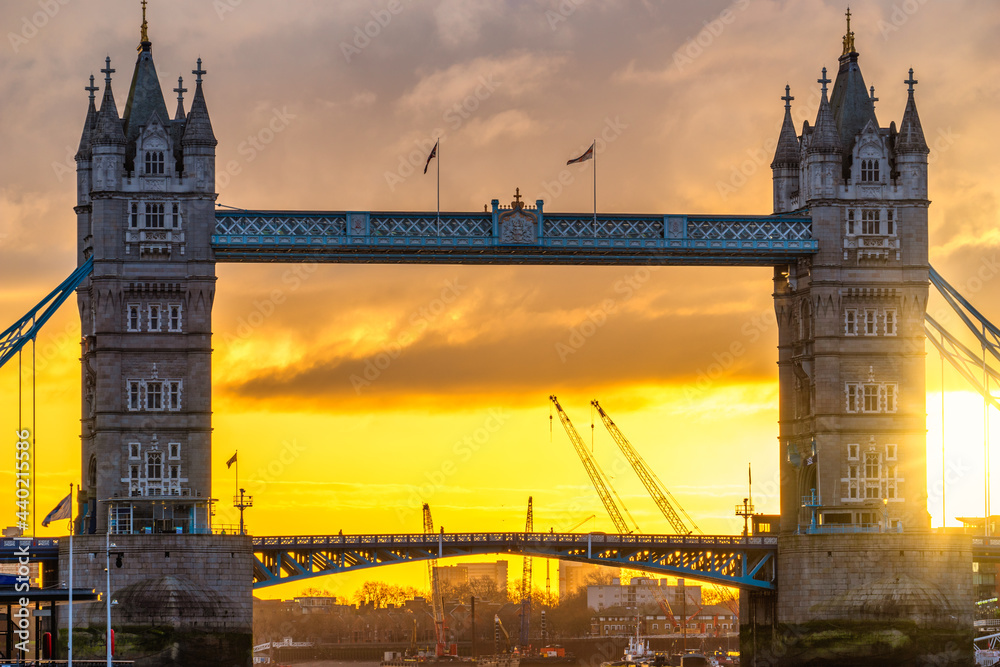 Tower Bridge in London at sunrise in England